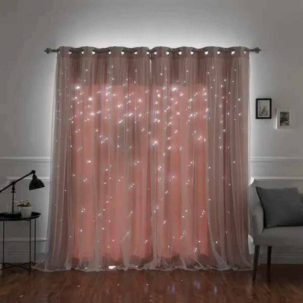 84” L Blackout Curtain Panels (2) Dusty Pink Tulle-Overlay, Star Cut-Out